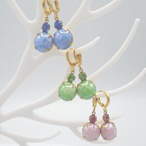 NWT ~VINTAGE DANGLE EARRINGS Peridot, Rose and Sapphire Blue Austrian Glass Gems